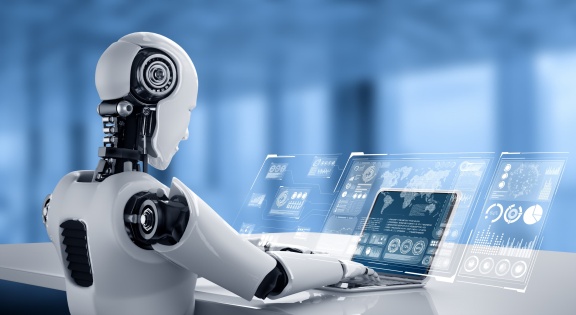 robot-humanoid-use-laptop-sit-table-big-data-analytic